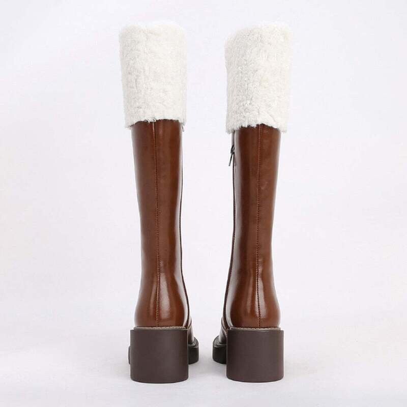 Woman‘s Knee High Boots Genuine Leather Concise zipper Square heel Round Toe Snow Boots Modern Boots