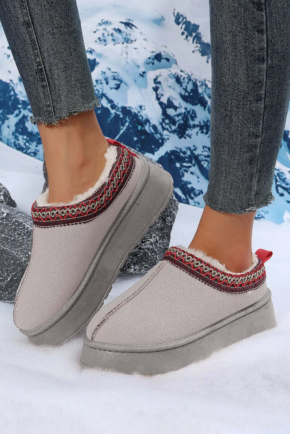 Gray Suede Contrast Print Plush Lined Snow Boots