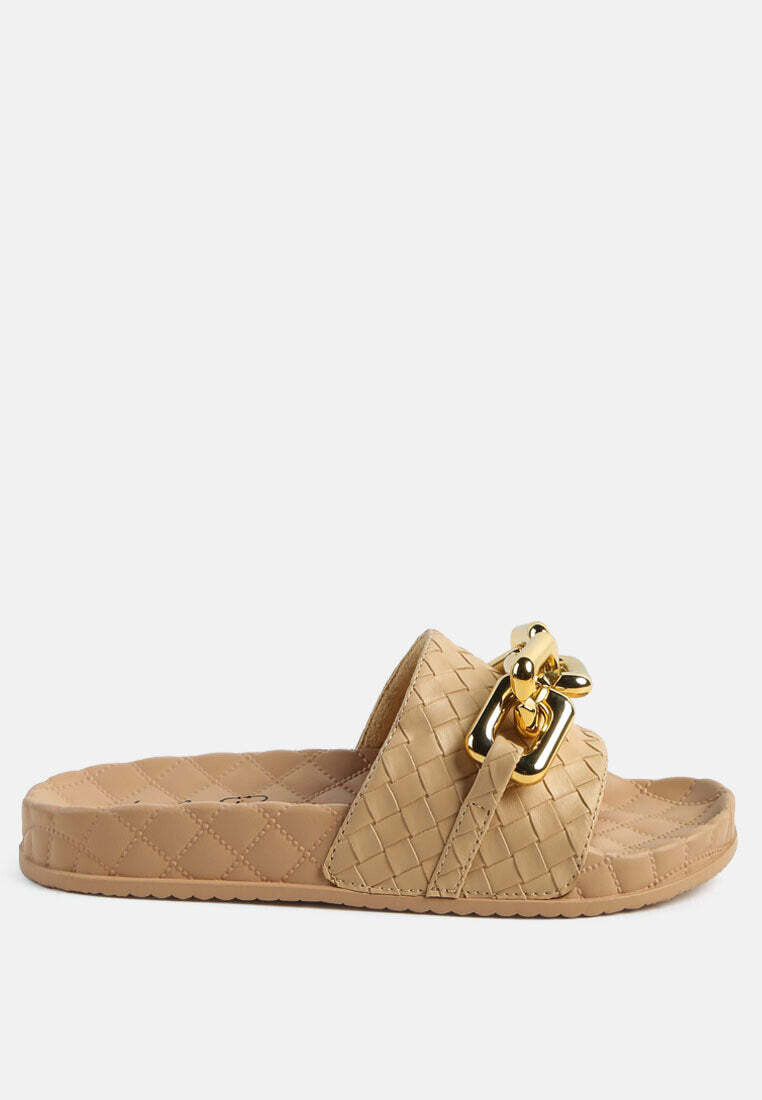 miami shot bling chain strap woven slip on flats
