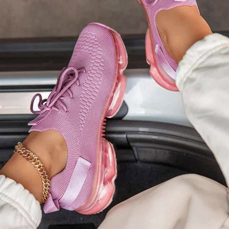 Mesh Air-Cushion Women Sneakers White Women&#39;s Sports Shoes Platform Knitted Running Shoes Lightweight Summer Autumn
