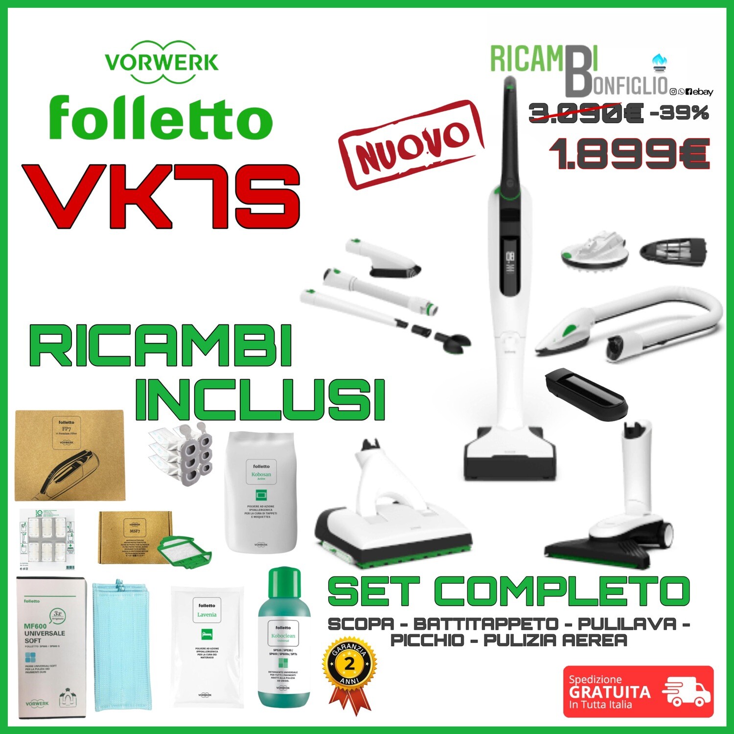 Batteria Originale Vorwerk Folletto VK7S &ndash; Con Set Tavolo CA7 &ndash; 02140 / 01041