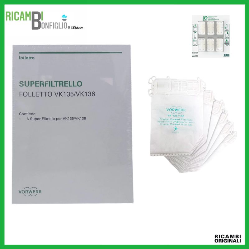 SACCHETTI + DOVINA 6PZ SUPER FILTRELLO FOLLETTO VK135 - VK136 ORIGINALI