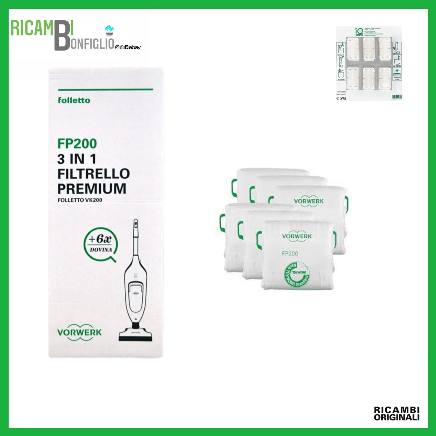 SACCHETTI + DOVINA 6PZ SUPER FILTRELLO FOLLETTO VK200 VK220S RB7 ORIG...
