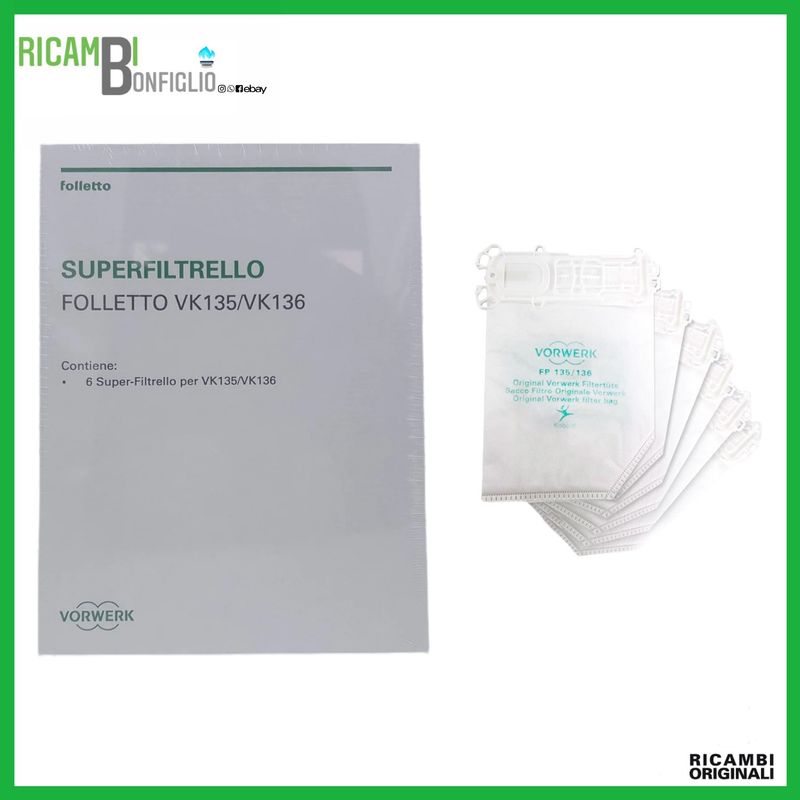 Kit Manutenzione Vorwerk Originale: 6 Sacchetti Filtro + 6 Profumatori + Filtro EPA Per Folletto VK 135 E VK 136
