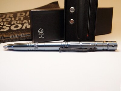 Aero Tactical Pen in blue-grey - Aircraft-Grade Aluminum with Knife Blade, LED Light, and Tungsten Steel Tip