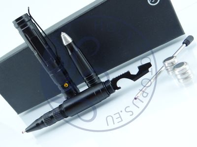 Aero Tactical Pen - Noir - Aluminium d&#39;avion - Mini-outil, lampe LED et pointe en tungstène