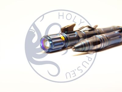 Tac &amp; Tool Pen. Blue-Grey. 9 Features. LED, Glass Breaker, Screwdrivers, Blade, Whistle, Rope Cutter &amp; Flint. Aircraft-Grade Aluminum.
