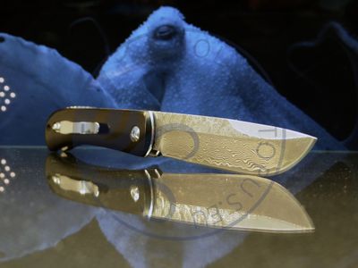 Couteau de poche &quot;Trailblazer Damascus&quot; avec style.
Lame droite de 8 cm en acier damassé et cœur VG-10, manche exclusif en ébène