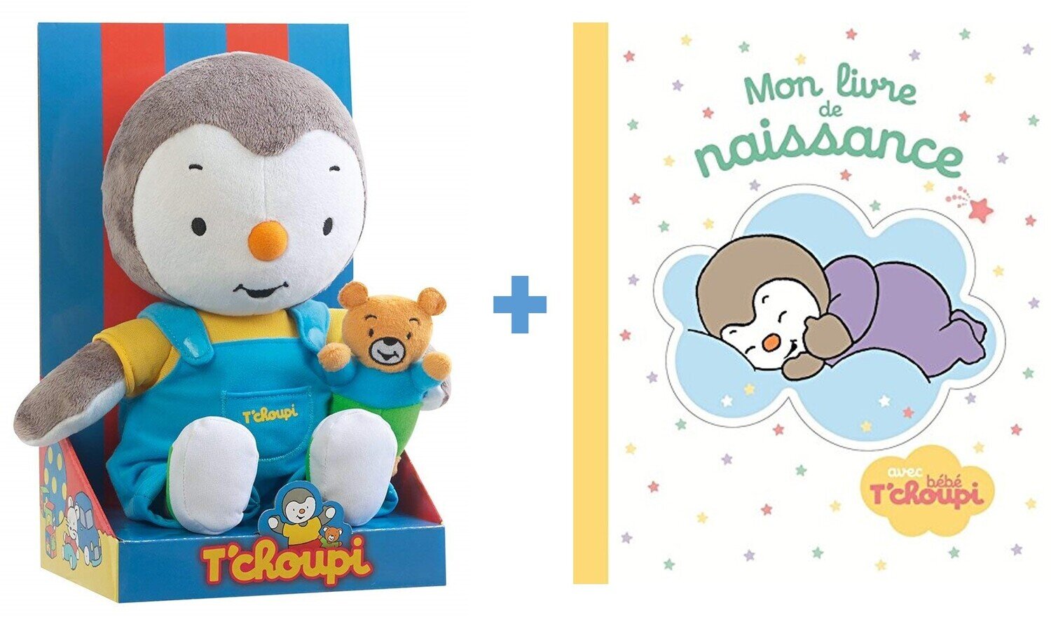 T'CHOUPI - Lot : peluche 30  cm T'CHOUPI avec Ourson + Mon livre de naissance