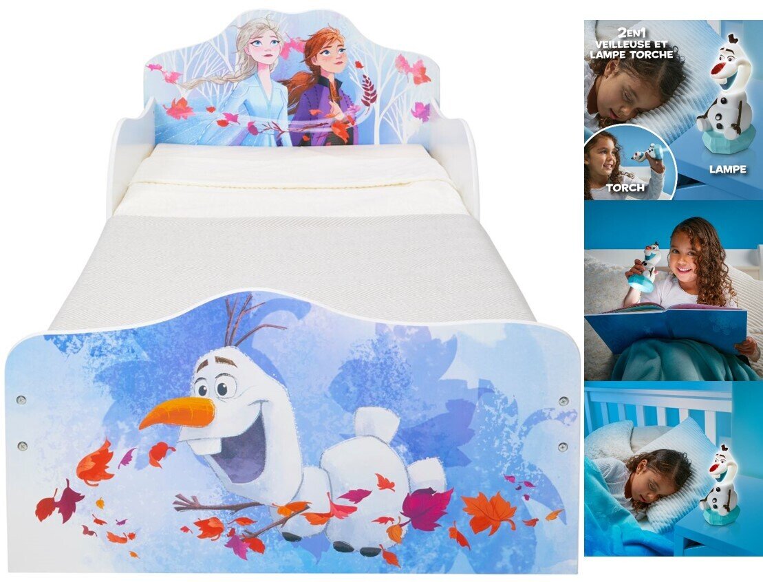 DISNEY REINE DES NEIGES - Lit pour enfants avec rangements + Veilleuse lame torche 2 en 1 Olaf