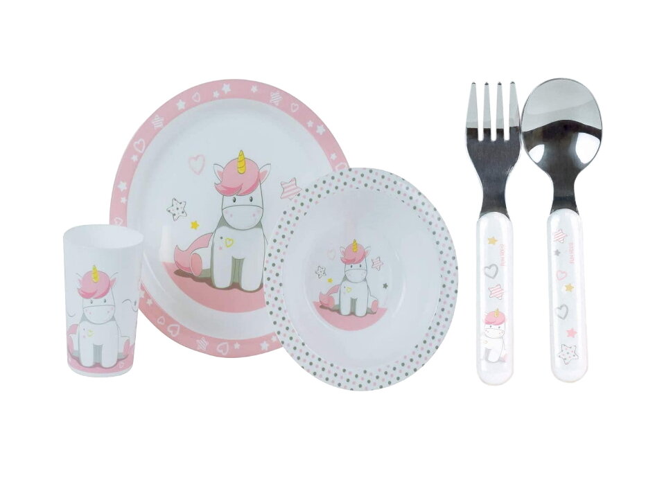 LICORNE - Ensemble repas 3 pièces (assiette, bol, verre) et 2 couverts