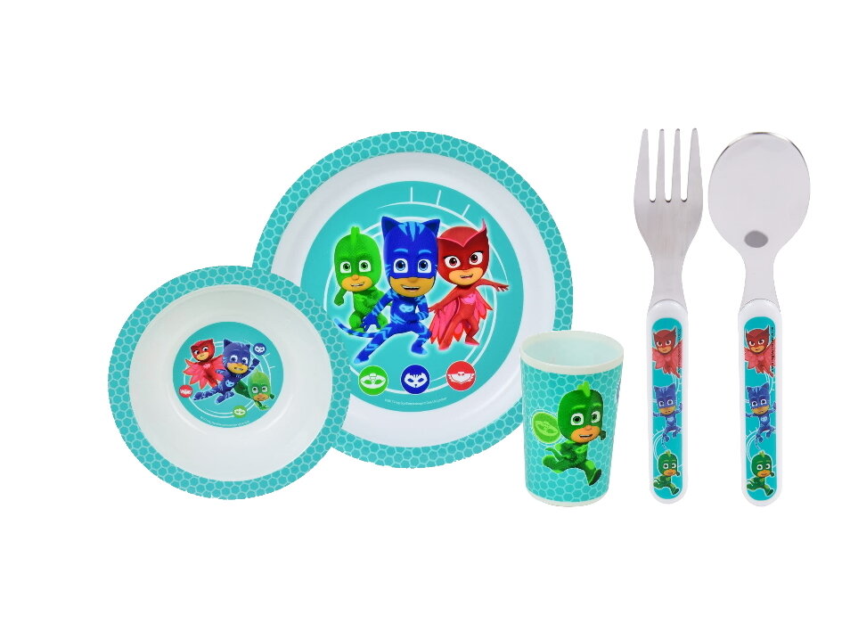 PYJAMASQUES -Ensemble repas 3 pièces (assiette, bol, verre) et 2 couverts