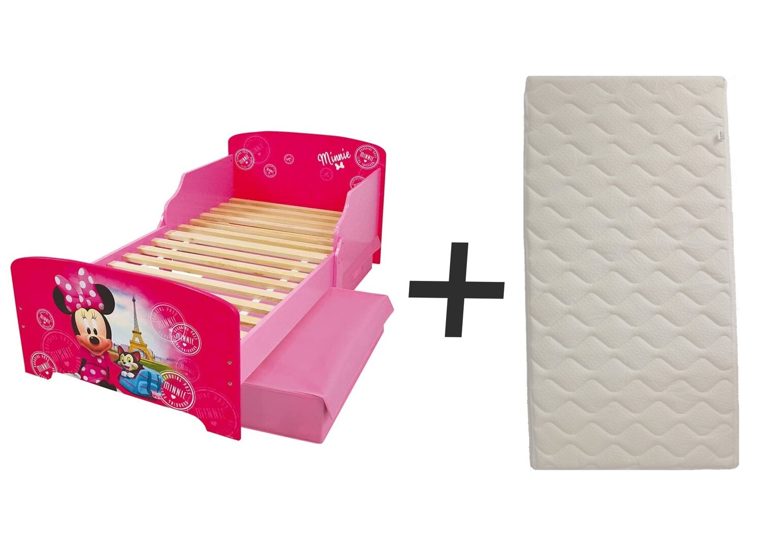 DISNEY MINNIE - Lit avec 2 tiroirs 140 x 70 cm - Sommier et matelas climatisé (face été / hiver) inclus - FUN HOUSE