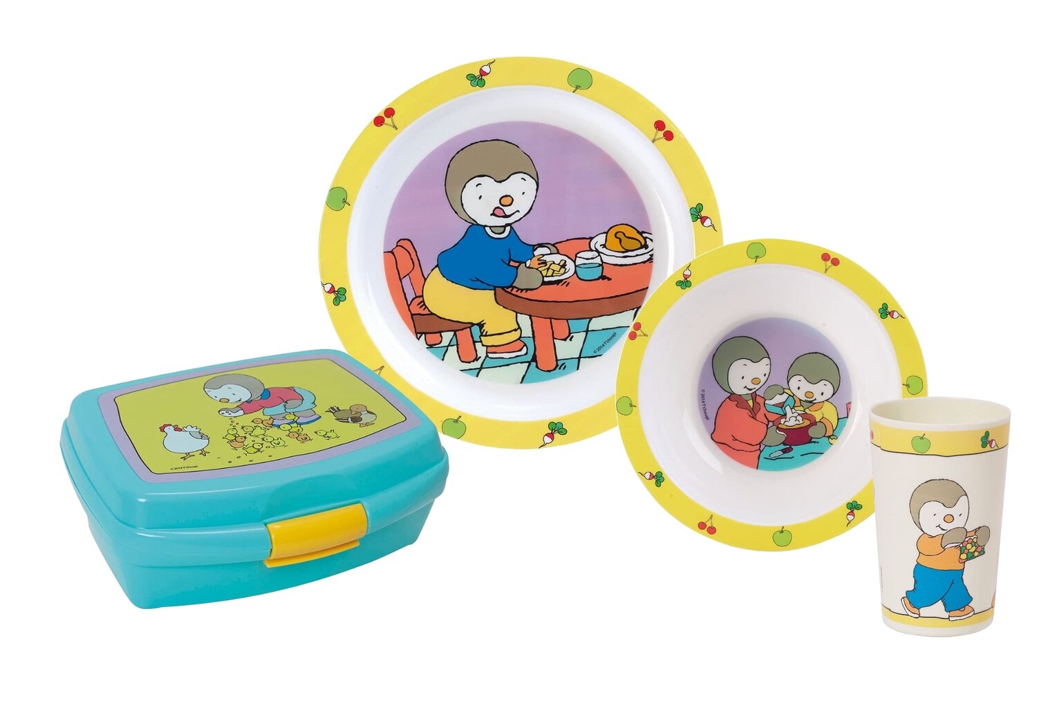 T'CHOUPI - Ensemble repas 3 pièces (assiette, bol, verre) et boite goûter