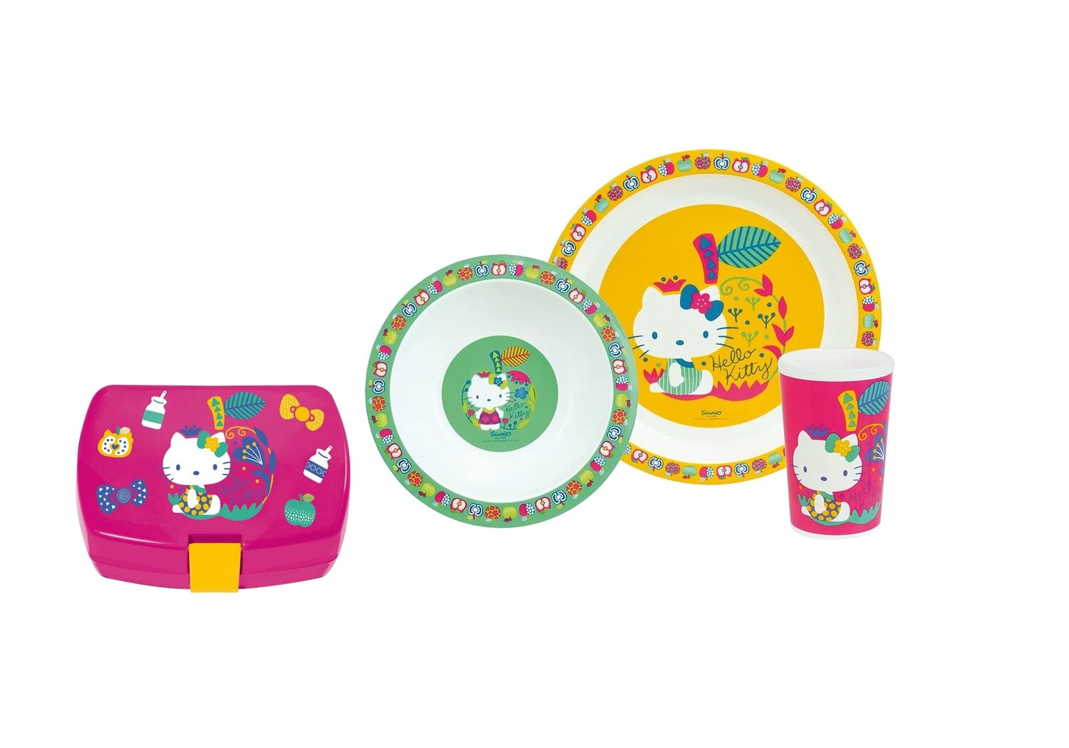 HELLO KITTY - Ensemble repas 3 pièces (assiette, bol, verre) et boite goûter