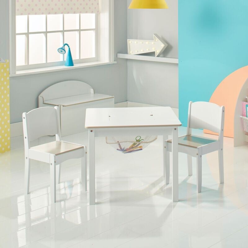 Ensemble table de jeu blanche avec rangement et 2 chaises blanches pour enfants