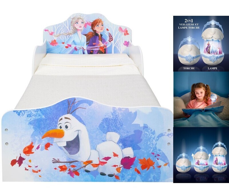 DISNEY REINE DES NEIGES - Lit pour enfants avec rangements + Veilleuse lampe torche 2 en 1