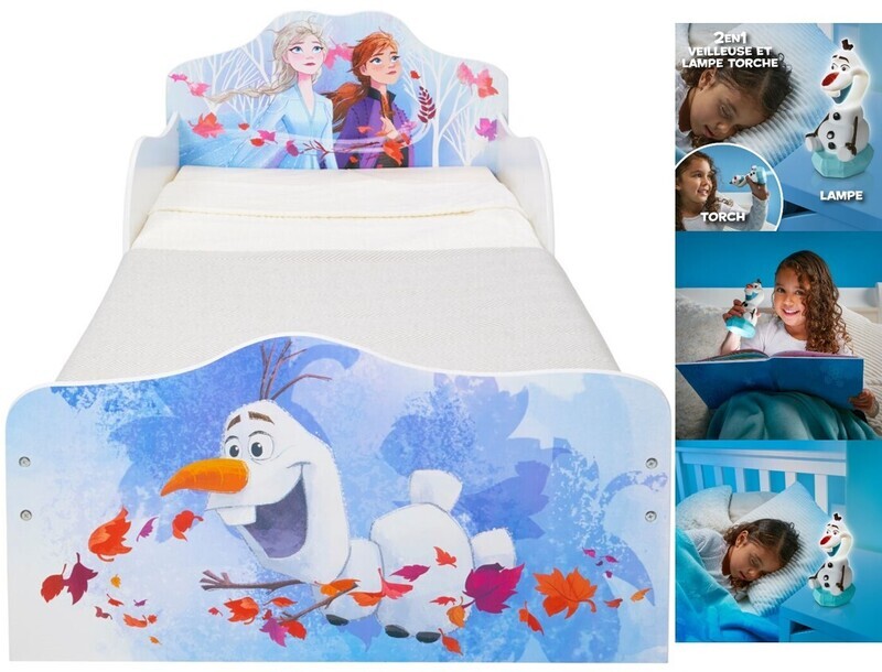 DISNEY REINE DES NEIGES - Lit pour enfants avec rangements + Veilleuse lame torche 2 en 1 Olaf