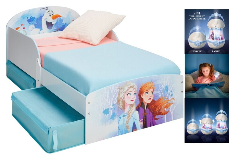 DISNEY REINE DES NEIGES - Lit pour enfants avec rangements + Veilleuse lampe torche 2 en 1