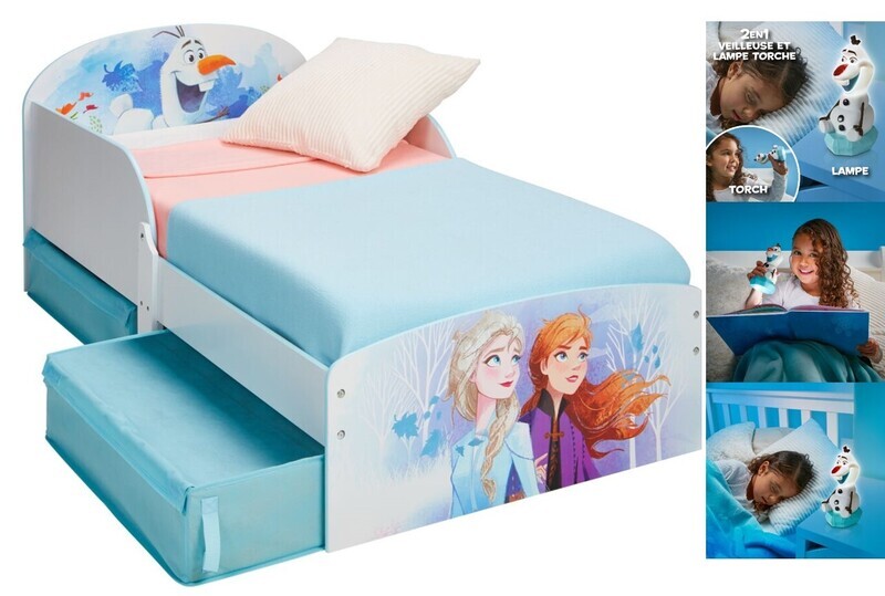 DISNEY REINE DES NEIGES - Lit pour enfants avec rangements + Veilleuse lame torche 2 en 1 Olaf