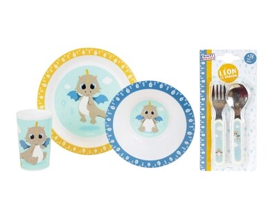 LEON LE DRAGON - Ensemble repas 3 pièces (assiette, bol, verre) et 2 couverts LEON LE DRAGON - Ensemble repas 3 pièces (assiette, bol, verre) et 2 couverts