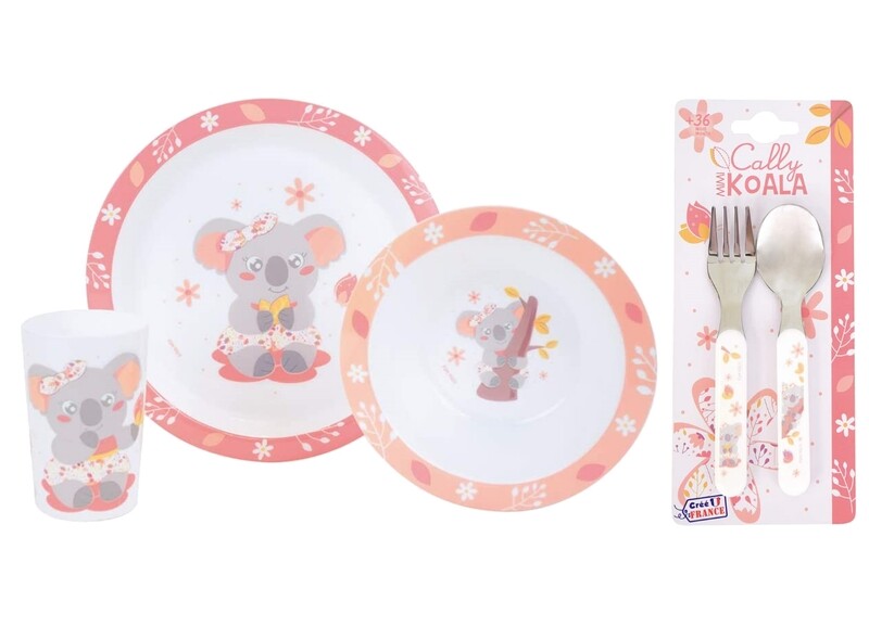 CALLY MIMI KOALA - Ensemble repas 3 pièces (assiette, bol, verre) et 2 couverts
