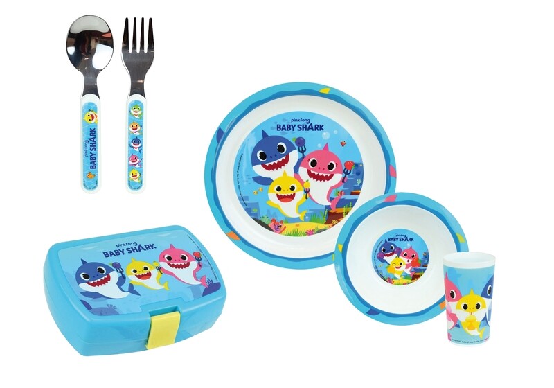 BABY SHARK - Ensemble repas 3 pièces (assiette, bol, verre) et 2 couverts + boite goûter