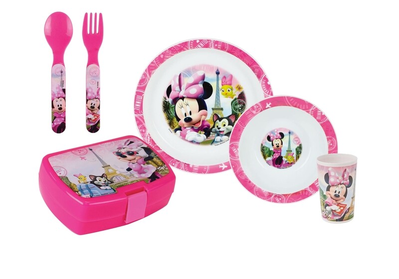 DISNEY MINNIE - Ensemble repas 3 pièces (assiette, bol, verre) et 2 couverts + boite goûter