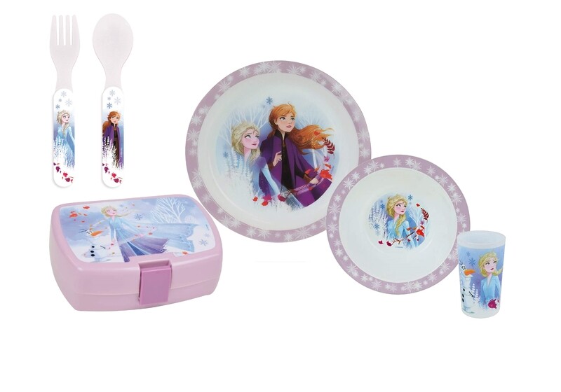 DISNEY REINE DES NEIGES - Ensemble repas 3 pièces (assiette, bol, verre) et 2 couverts + boite goûter