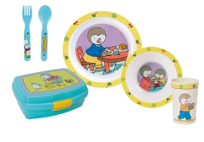 T'CHOUPI - Ensemble repas 3 pièces (assiette, bol, verre) et 2 couverts + boite goûter