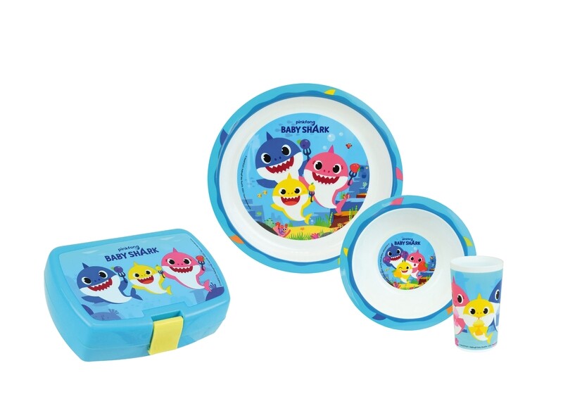 BABY SHARK - Ensemble repas 3 pièces (assiette, bol, verre) et boite goûter