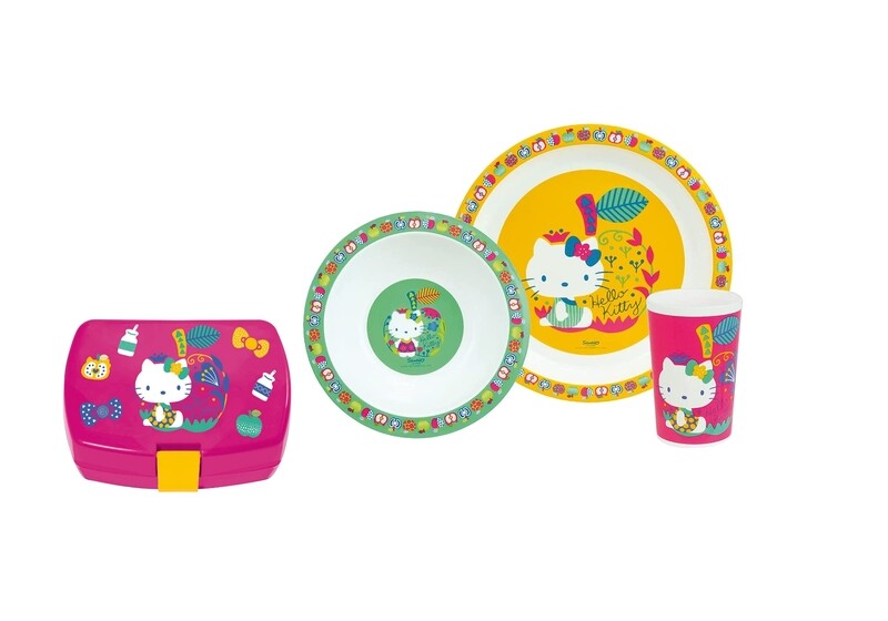HELLO KITTY - Ensemble repas 3 pièces (assiette, bol, verre) et boite goûter