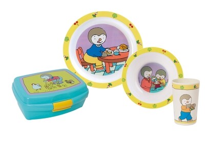 T'CHOUPI - Ensemble repas 3 pièces (assiette, bol, verre) et boite goûter