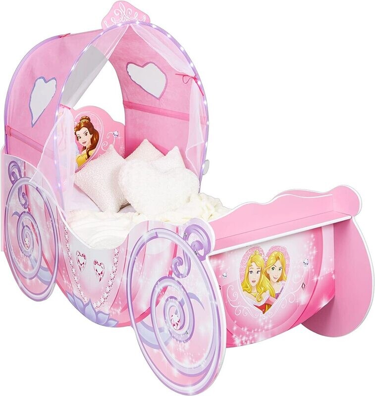 DISNEY PRINCESSES - Lit carrosse enfant avec ciel de lit lumineaux, avec sommier 140x70 cm