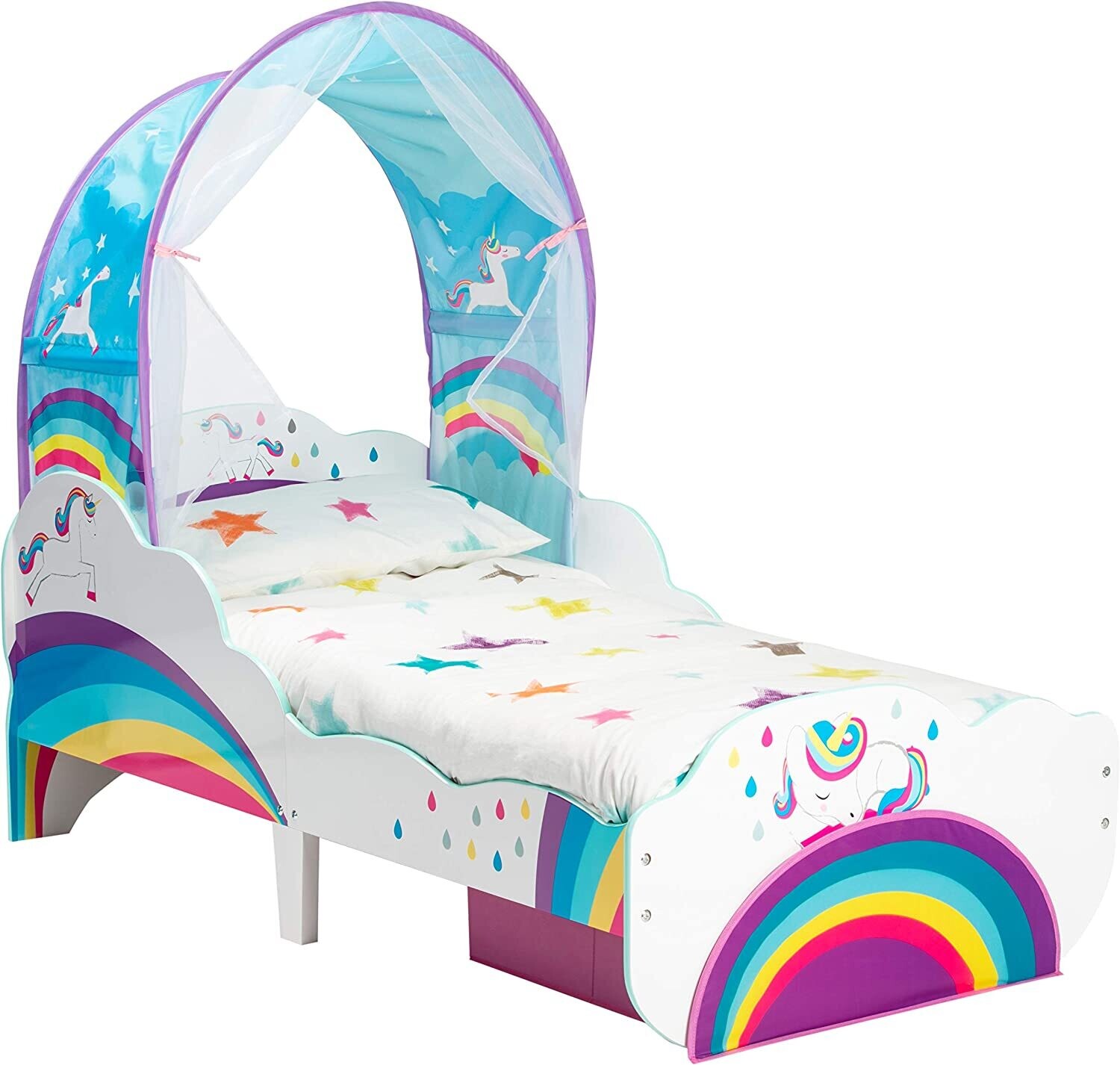 LICORNE ET ARC-EN-CIEL - Lit pour enfant avec ciel de lit et tiroir de rangement
