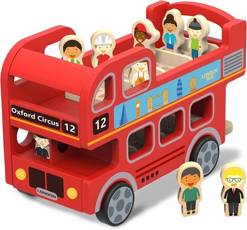 Jouet en bois en forme de bus londonien - Bus rouge à deux étages et 8 figurines