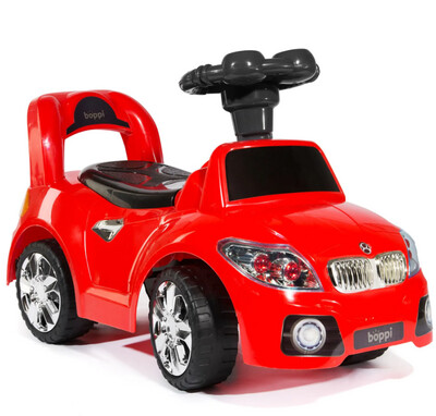 Porteur voiture de sport rouge avec klaxon musical et coffre de rangement sous le siège