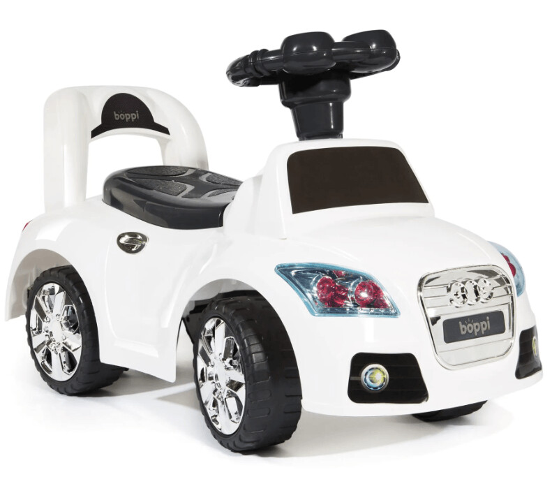 Porteur voiture de sport blanche avec klaxon musical et coffre de rangement sous le siège