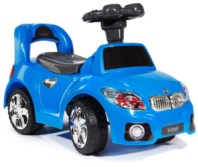 Porteur voiture de sport bleue avec klaxon musical et coffre de rangement sous le siège