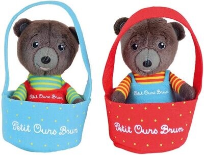 PETIT OURS BRUN - Peluche dans panier 12 cm - Assortiment