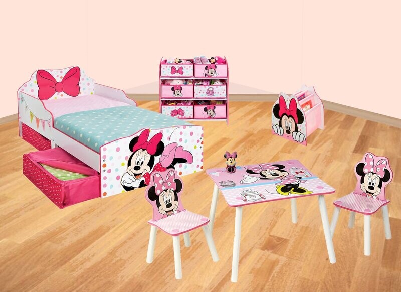 DISNEY MINNIE - Ma chambre 5 éléments (lit, meuble de rangement 6 corbeilles, table et chaises, veilleuse, bibliothèque)