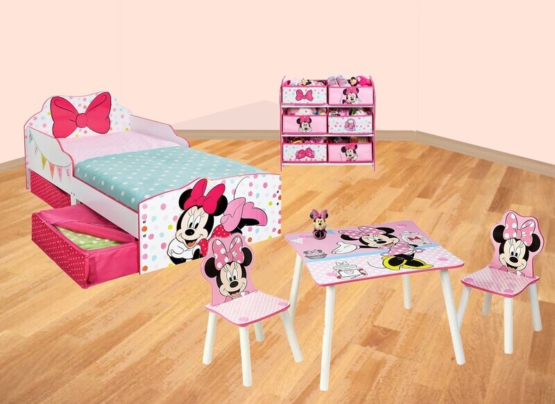 DISNEY MINNIE - Ma chambre 4 éléments (lit, meuble de rangement 6 corbeilles, table et chaises, veilleuse)