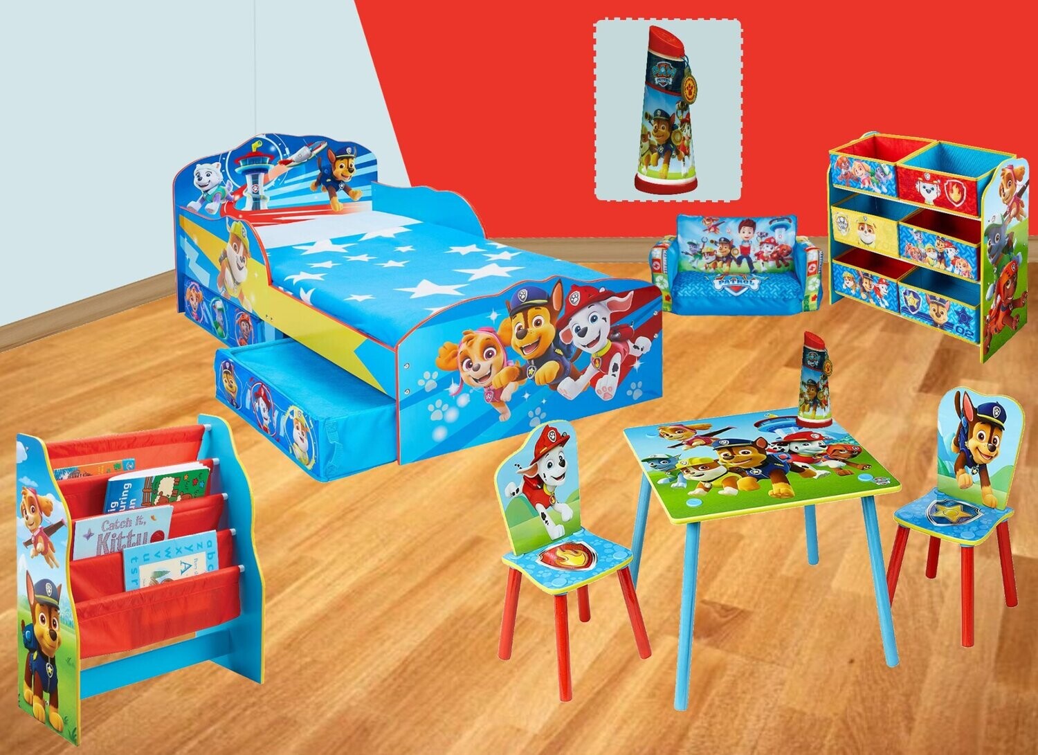 PAT'PATROUILLE - Ma chambre 6 éléments (Lit, Table et chaises, Canapé, Rangement, Bibliothèque, Veilleuse)