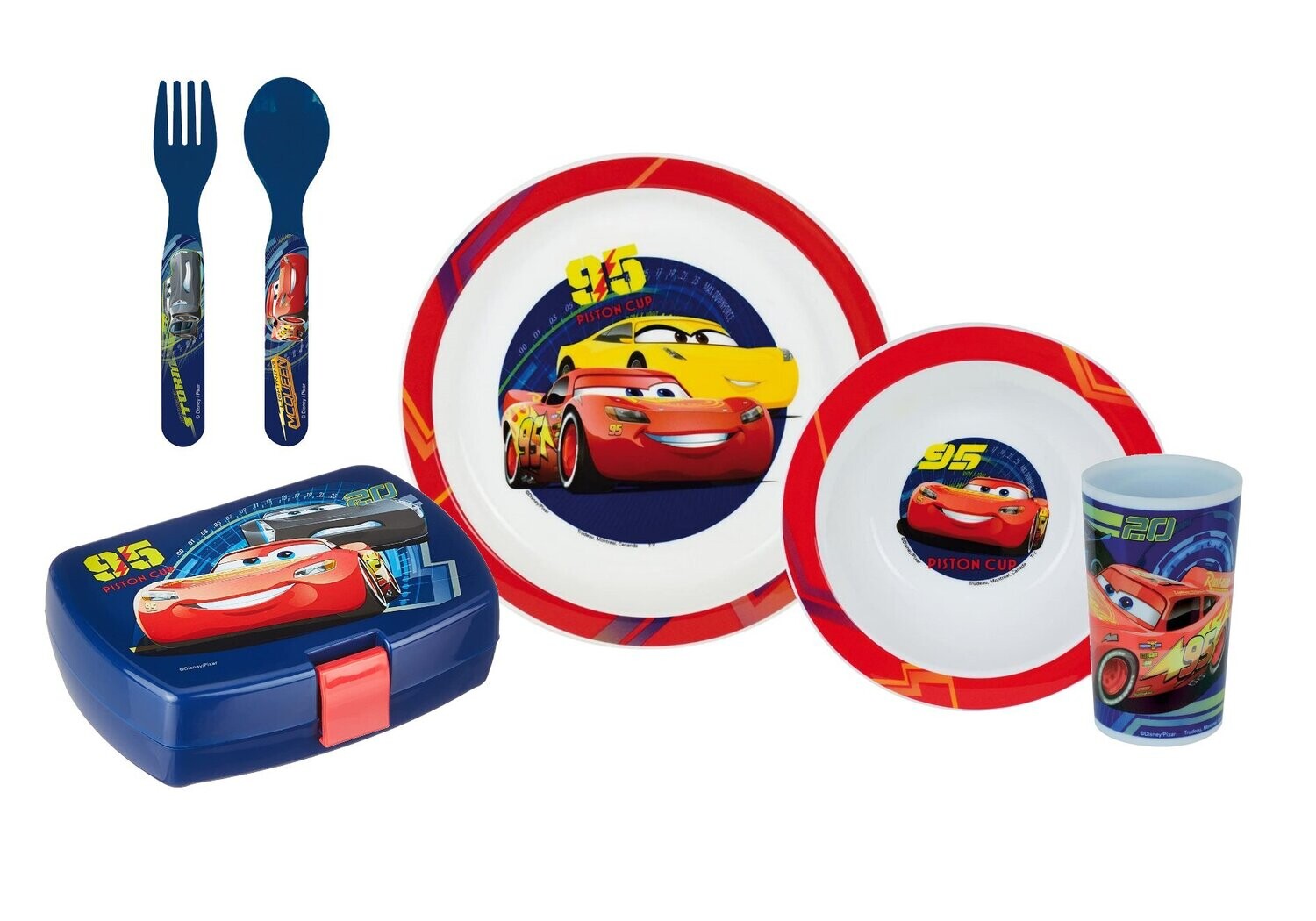 DISNEY CARS - Ensemble repas 3 pièces (assiette, bol, verre) et 2 couverts + boite goûter