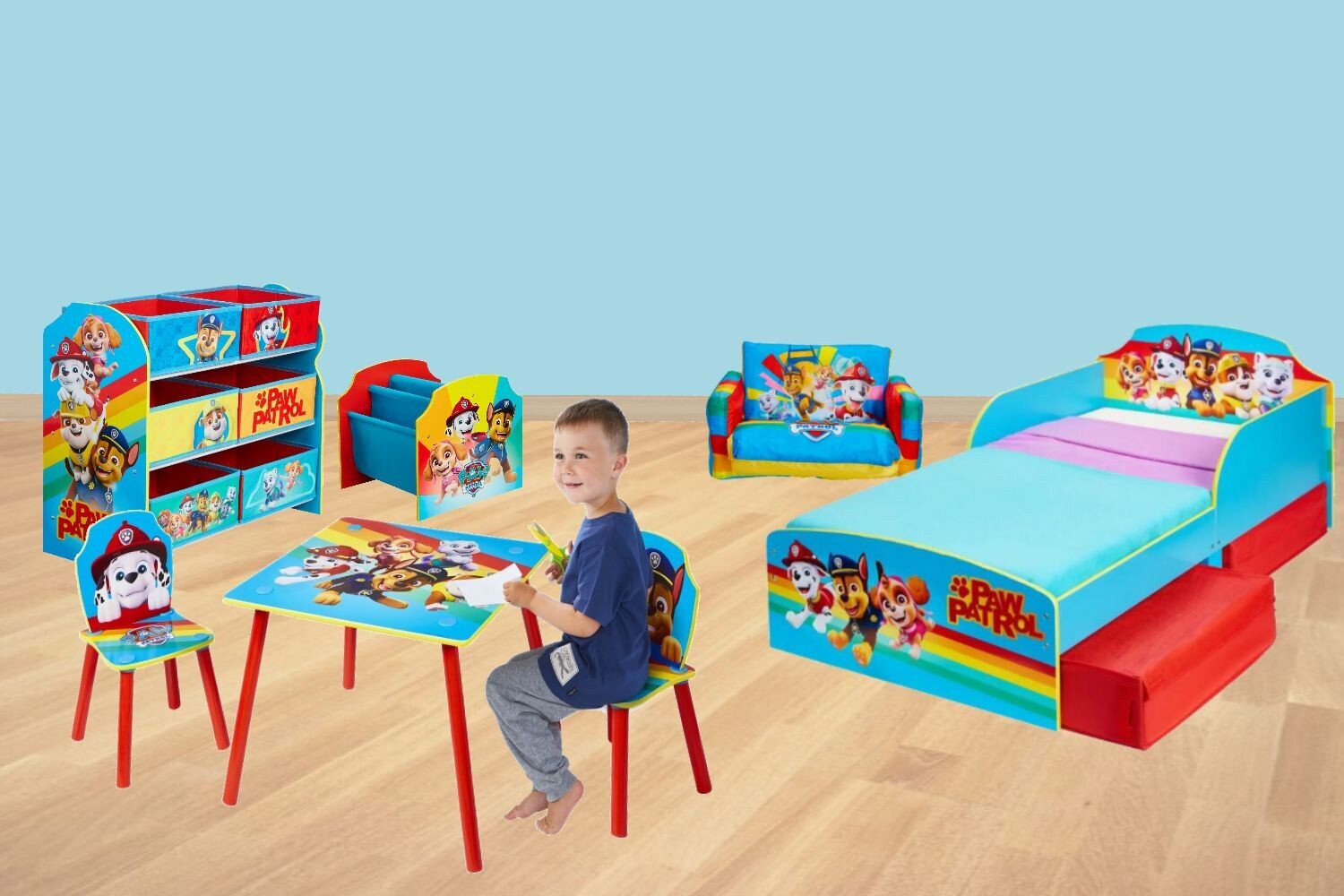 PAT'PATROUILLE - Pack chambre 5 éléments (Lit, canapé, meuble de rangement,table et chaises, bibliothèque)