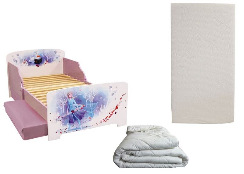 DISNEY REINE DES NEIGES - Lit avec 2 tiroirs pour enfant 140x70 cm avec sommier et matelas droit inclus + couette 100x135 cm