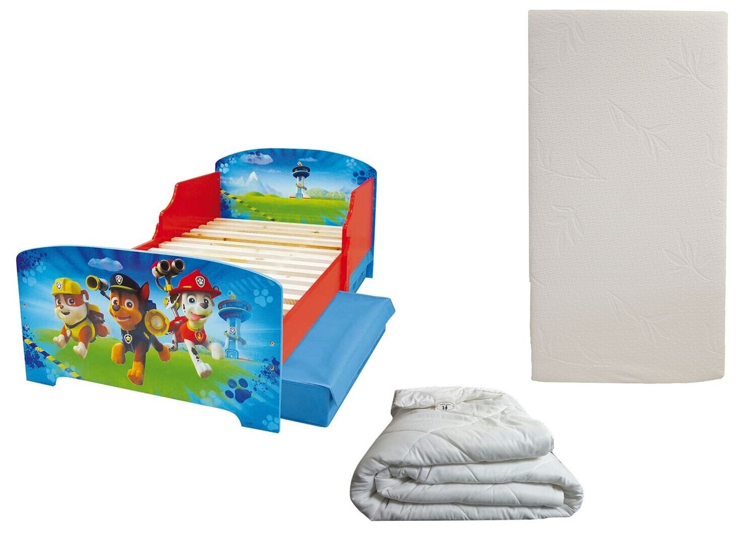 PAT'PATROUILLE - Lit avec 2 tiroirs pour enfant 140x70 cm avec sommier et matelas droit inclus + couette 100x135 cm