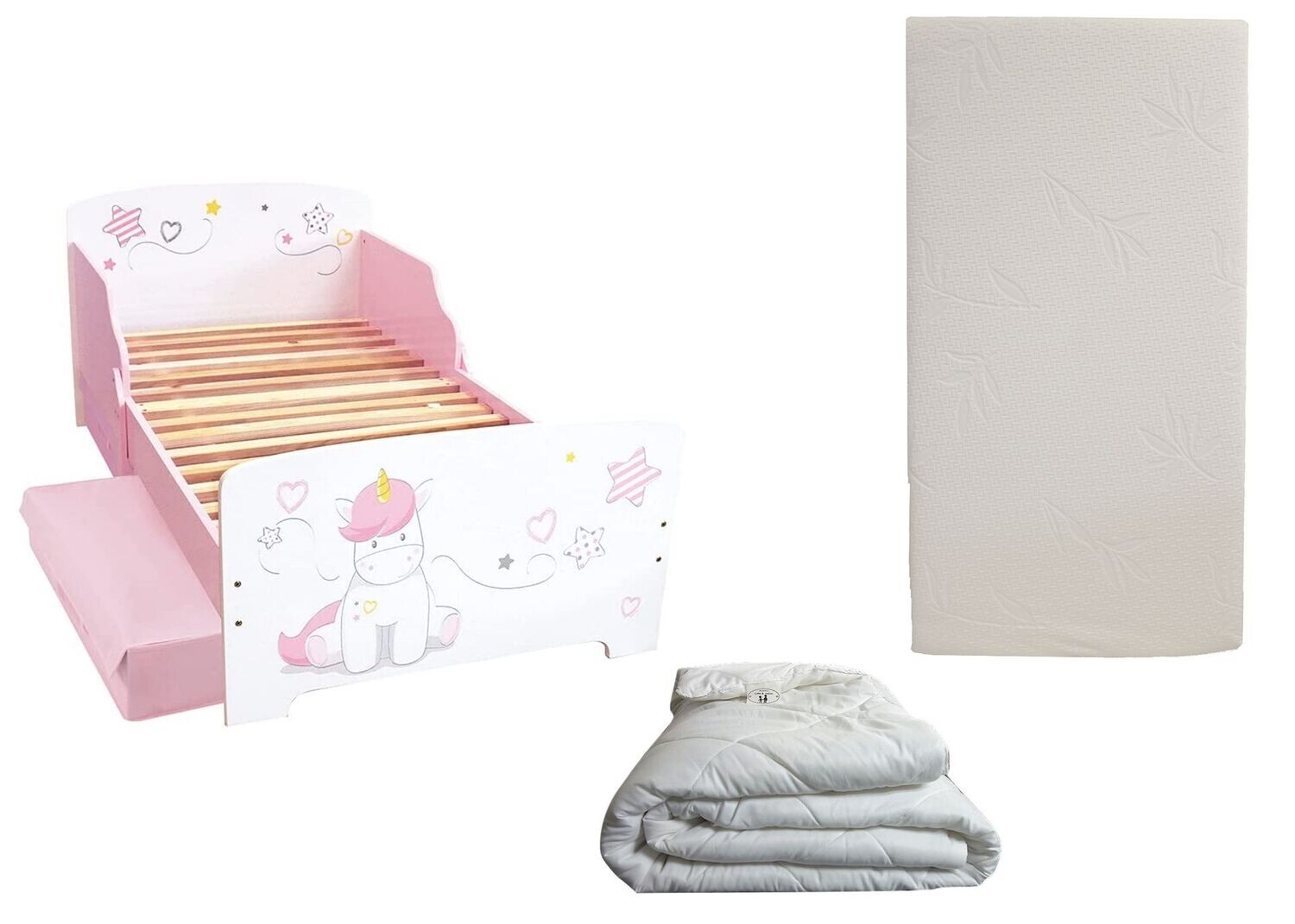 LICORNE - Lit avec 2 tiroirs pour enfant 140x70 cm avec sommier et matelas droit inclus + couette 100x135 cm