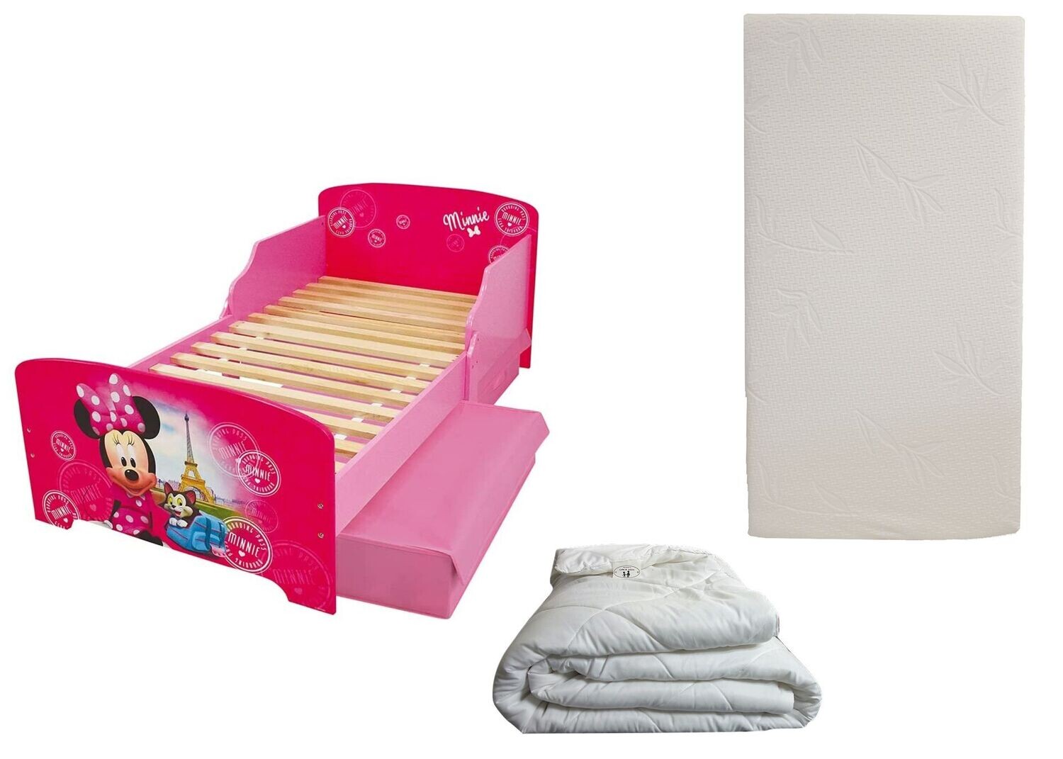DISNEY MINNIE - Lit avec 2 tiroirs pour enfant 140x70 cm avec sommier et matelas droit inclus + couette 100x135 cm