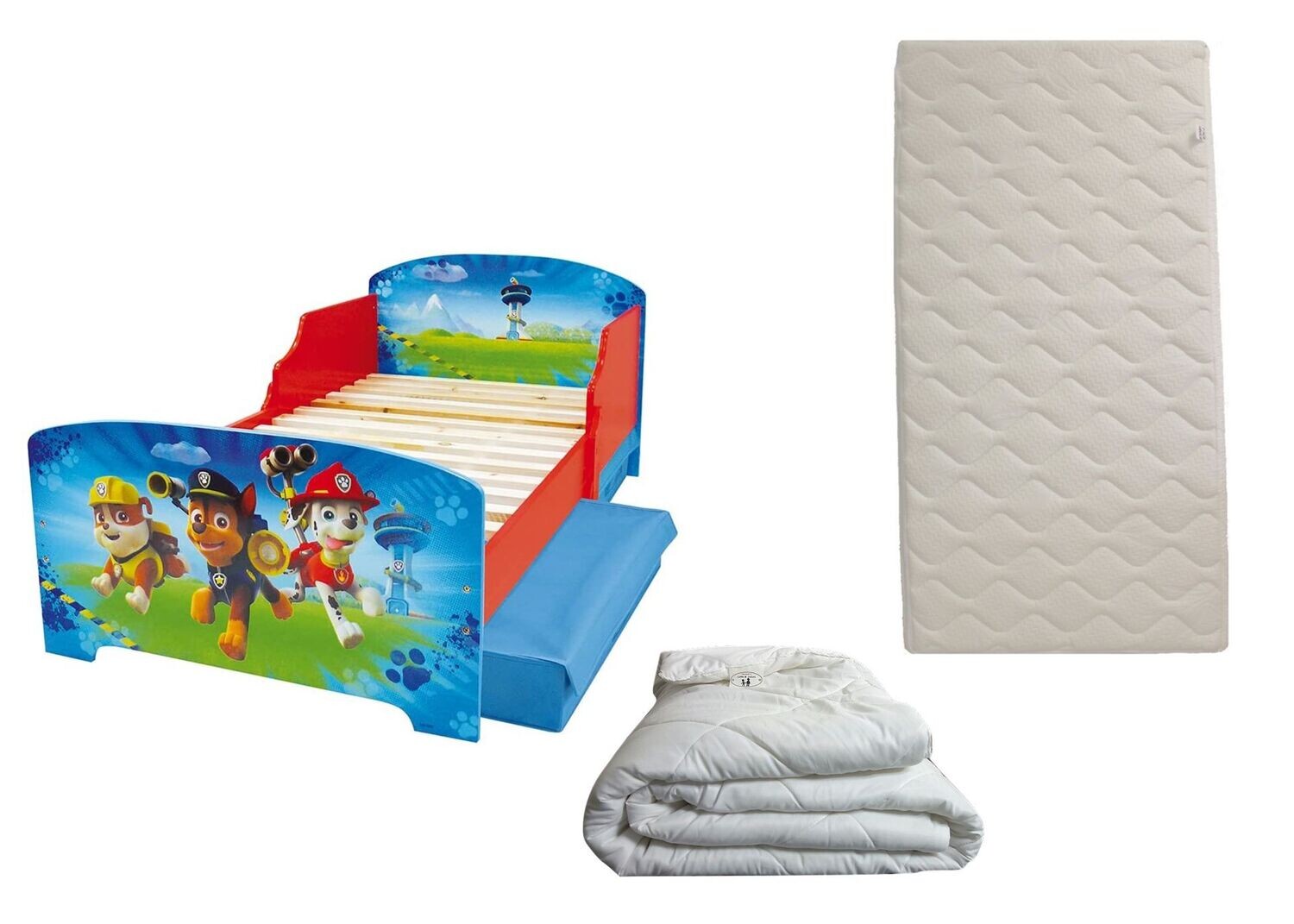 PAT'PATROUILLE - Lit avec 2 tiroirs pour enfant 140x70 cm avec sommier et matelas climatisé (face été - hiver) + couette 100x135 cm